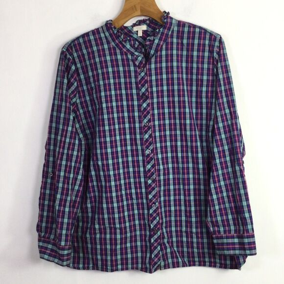 Talbots Womens Cotton Plaid Ruffle Collar Button Up Shirt Multi Plus Size 3X - Picture 4 of 12
